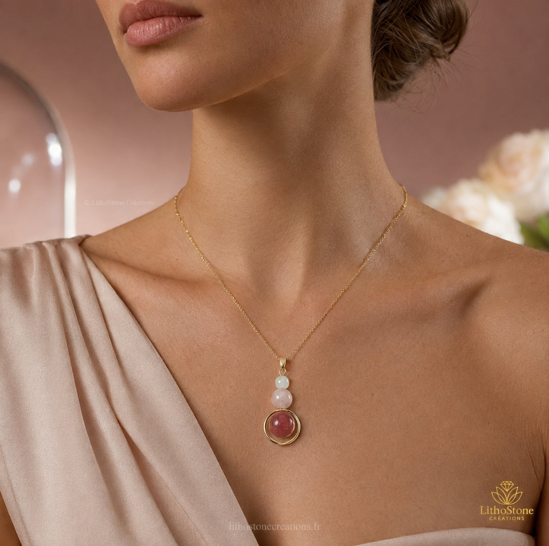 Collier Pendentif Pierre de Lune & Pierre de Soleil - Fait Main en France - Lithostone Creations