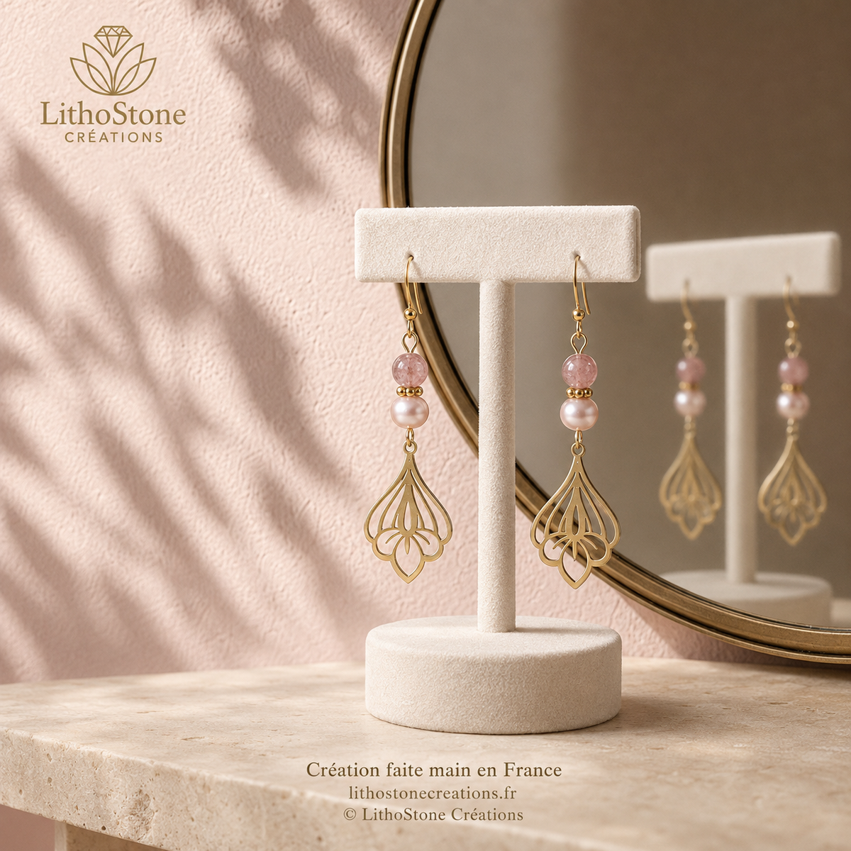 Boucles d'oreilles Pendantes Quartz Fraise & Perle de Culture Baroque - Faites Main