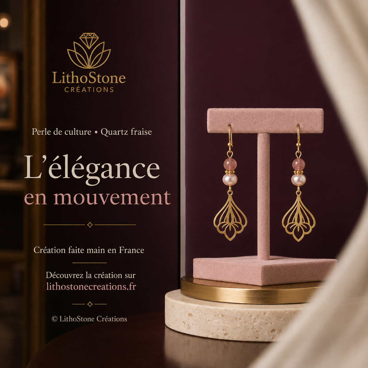 Boucles d'oreilles Pendantes Quartz Fraise & Perle de Culture Baroque - Faites Main