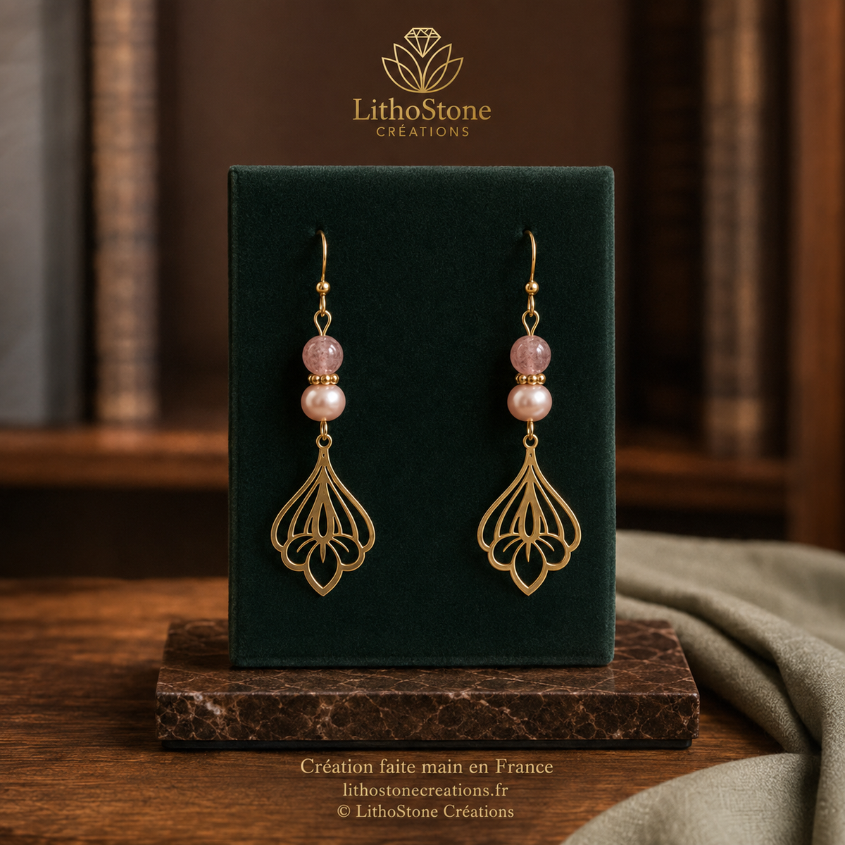 Boucles d'oreilles Pendantes Quartz Fraise & Perle de Culture Baroque - Faites Main