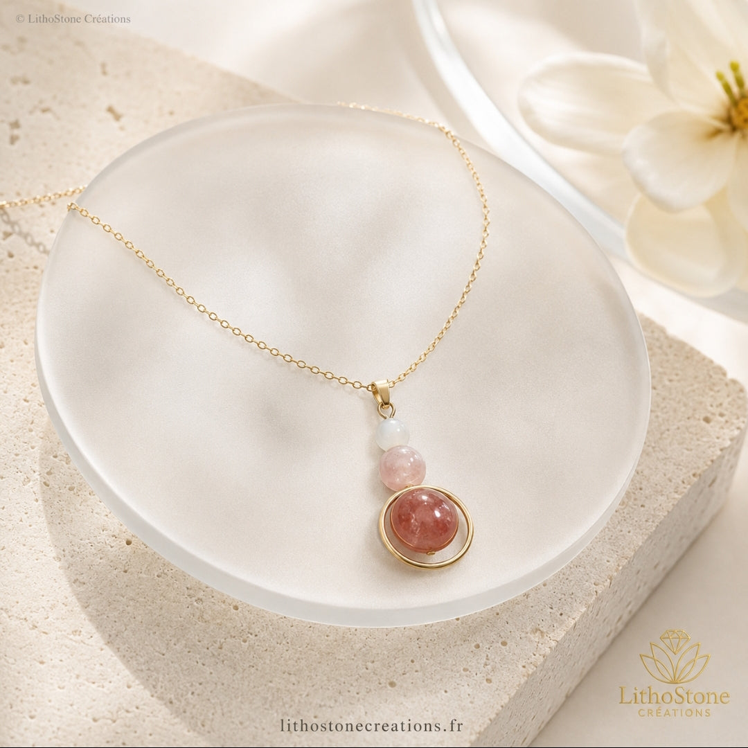 Collier Pendentif Pierre de Lune & Pierre de Soleil - Fait Main en France - Lithostone Creations