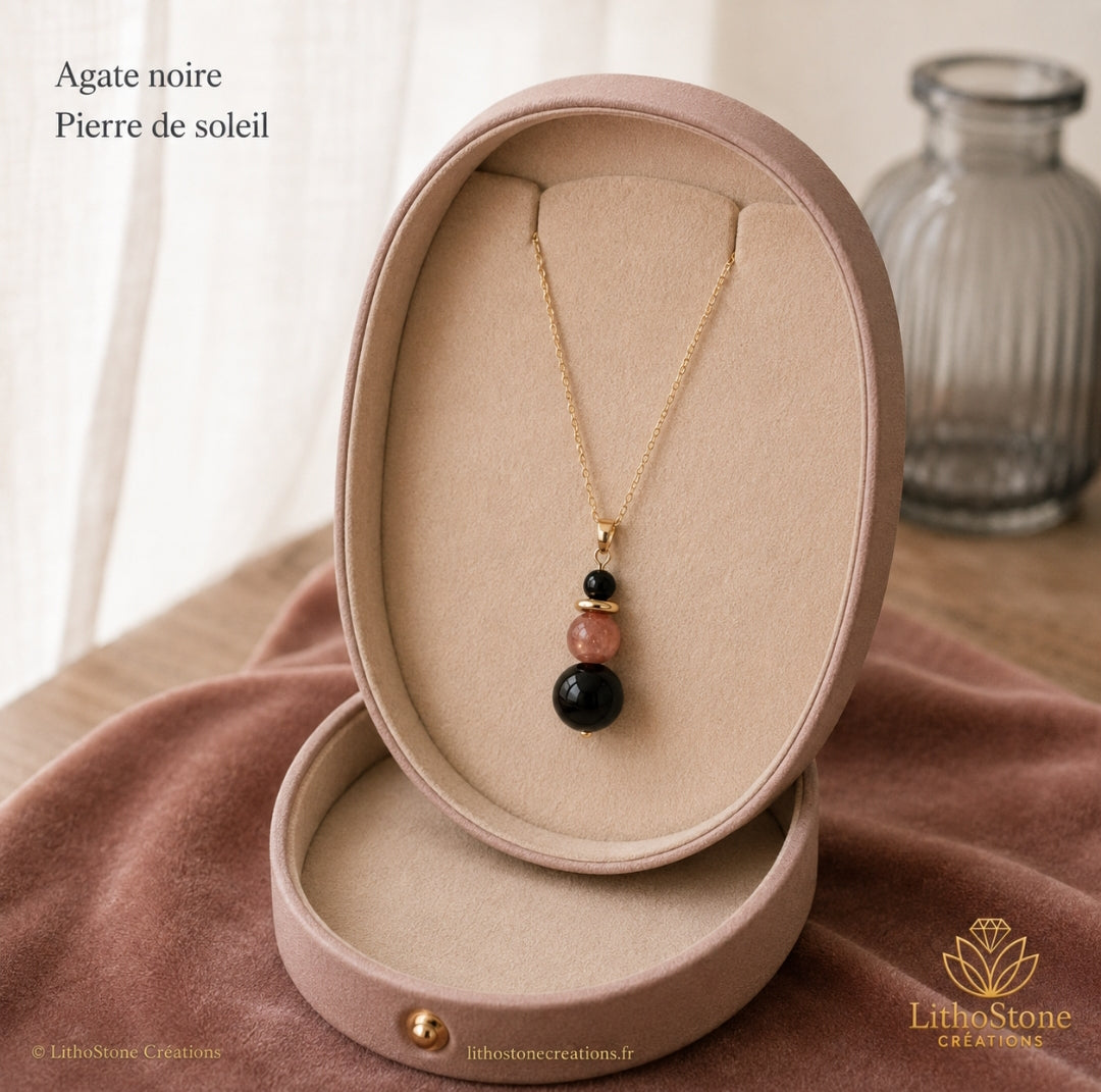 Collier Agate Noire & Pierre de Soleil - Pierre Naturelle
