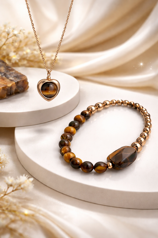 Parure en Œil de Tigre & Acier Inoxydable Plaqué Or – Force douce & élégance affirmée