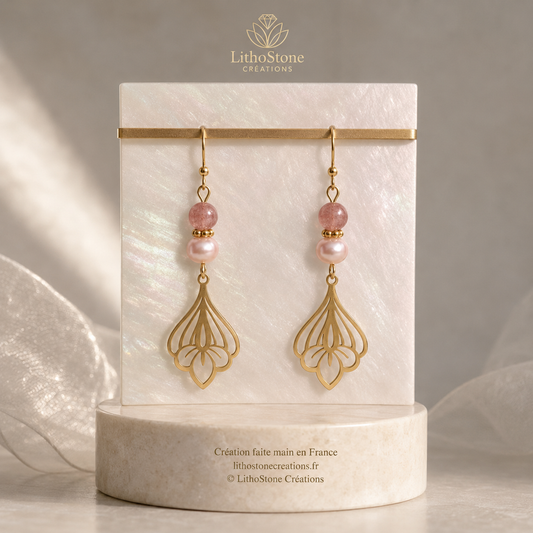 Boucles d'oreilles Pendantes Quartz Fraise & Perle de Culture Baroque - Faites Main