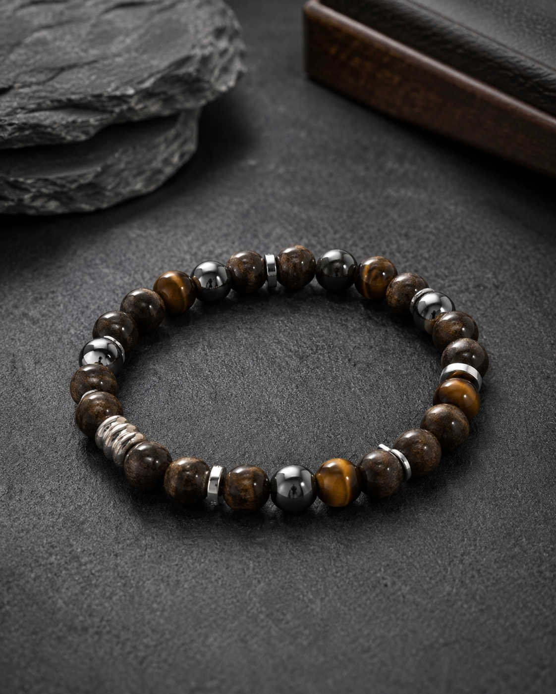 Bracelet Homme Bronzite, Œil de Tigre & Hématite - Force & Protection - Fait Main