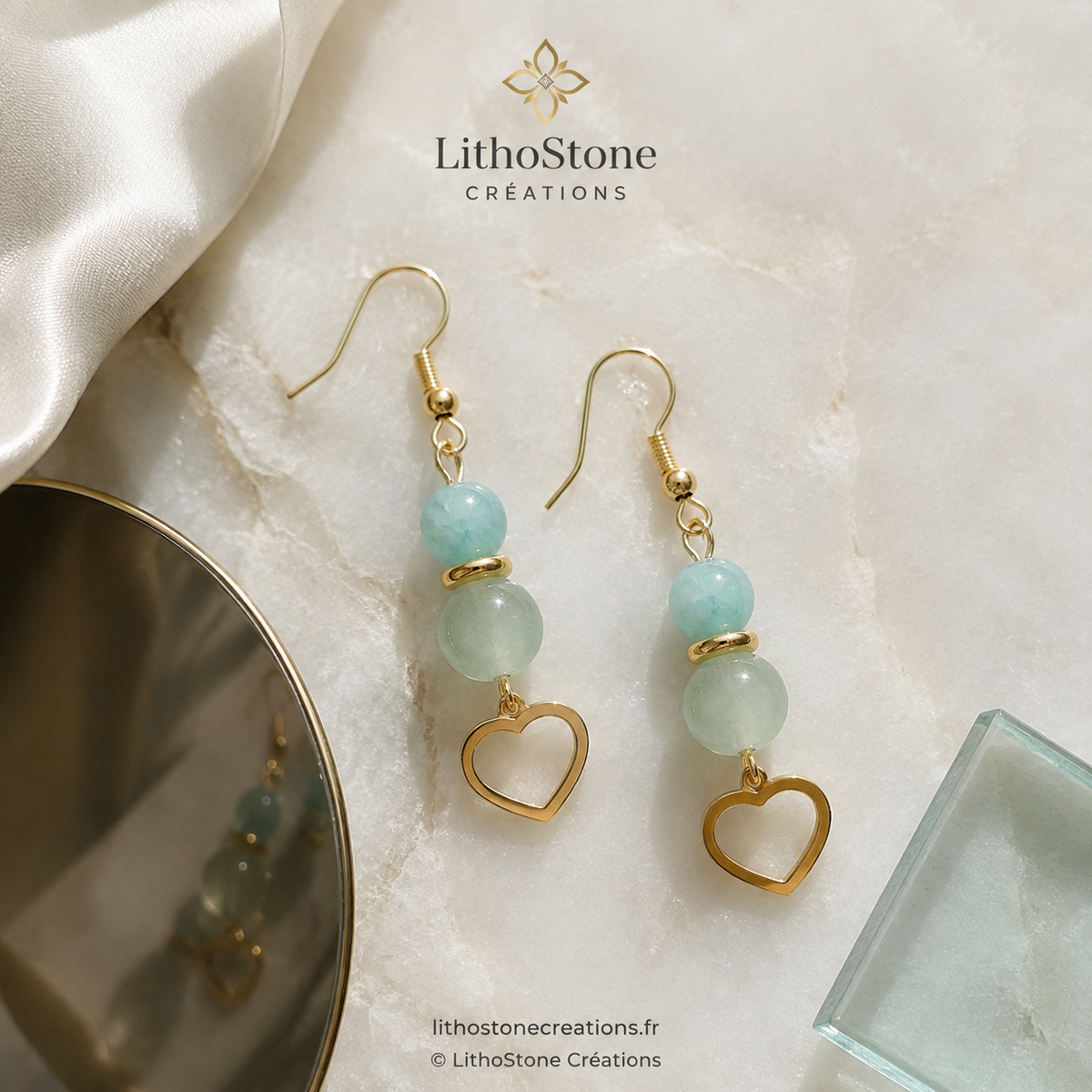 Boucles d’oreilles en Aventurine & Amazonite – Cœur doré & Harmonie intérieure