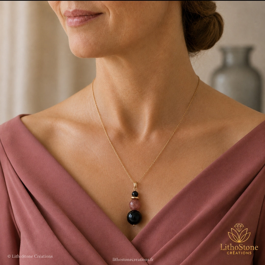 Collier Agate Noire & Pierre de Soleil - Pierre Naturelle