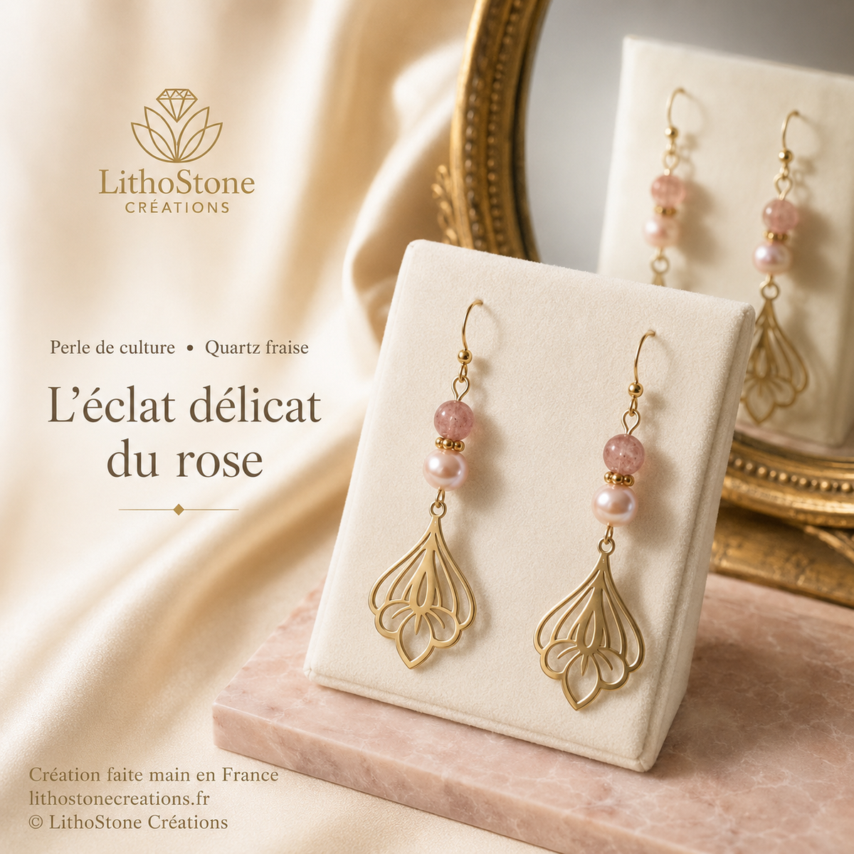 Boucles d'oreilles Pendantes Quartz Fraise & Perle de Culture Baroque - Faites Main