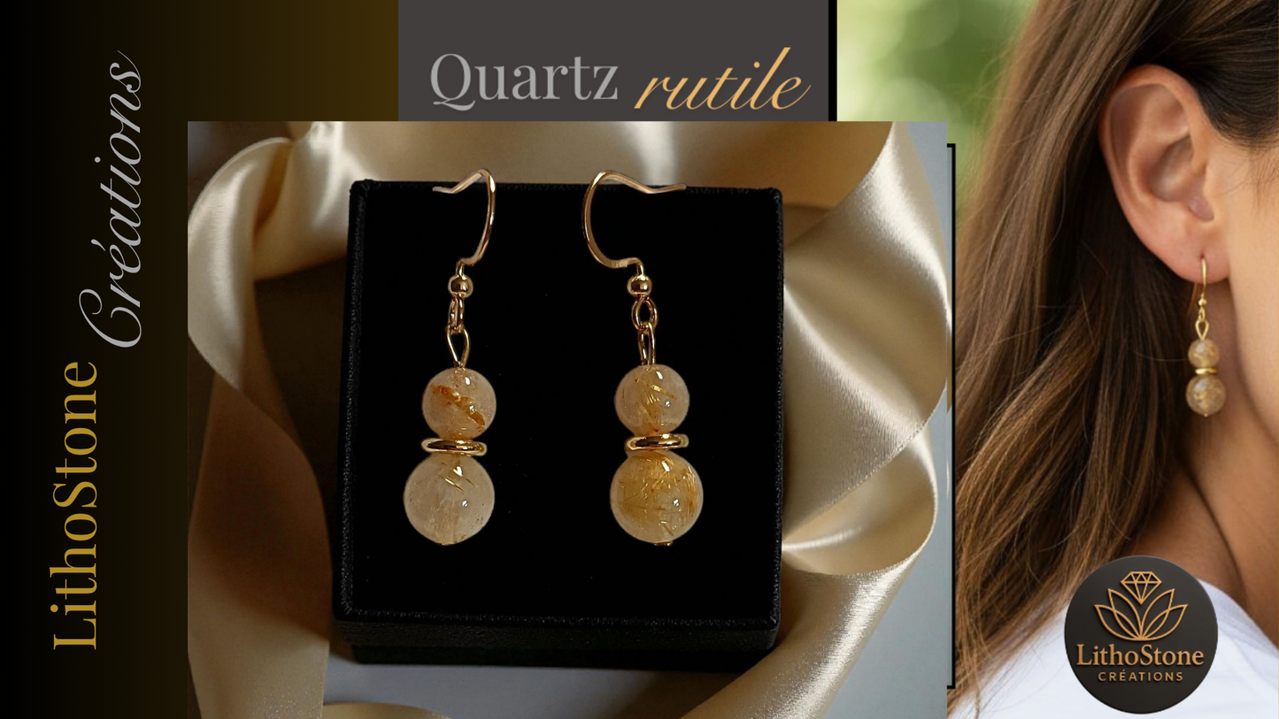Boucles d’oreilles Quartz Rutile Doré – Énergie, Clarté et Confiance