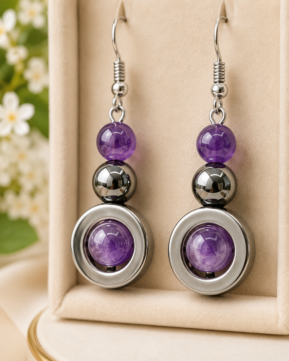 Boucles d’Oreilles Améthyste & Hématite – Harmonie et Protection