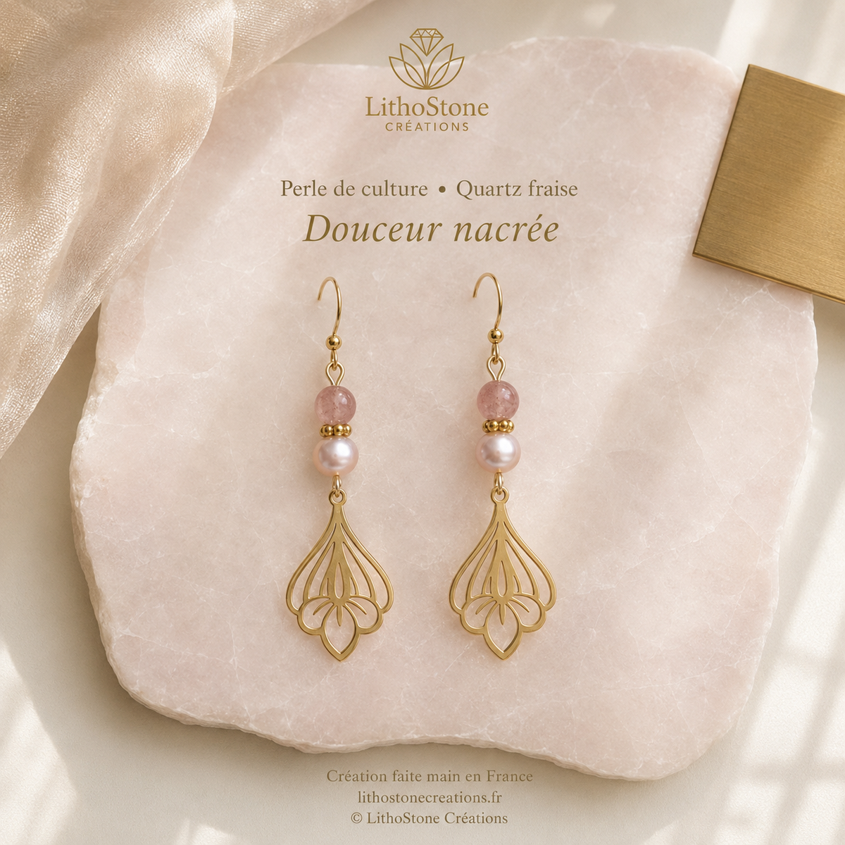Boucles d'oreilles Pendantes Quartz Fraise & Perle de Culture Baroque - Faites Main