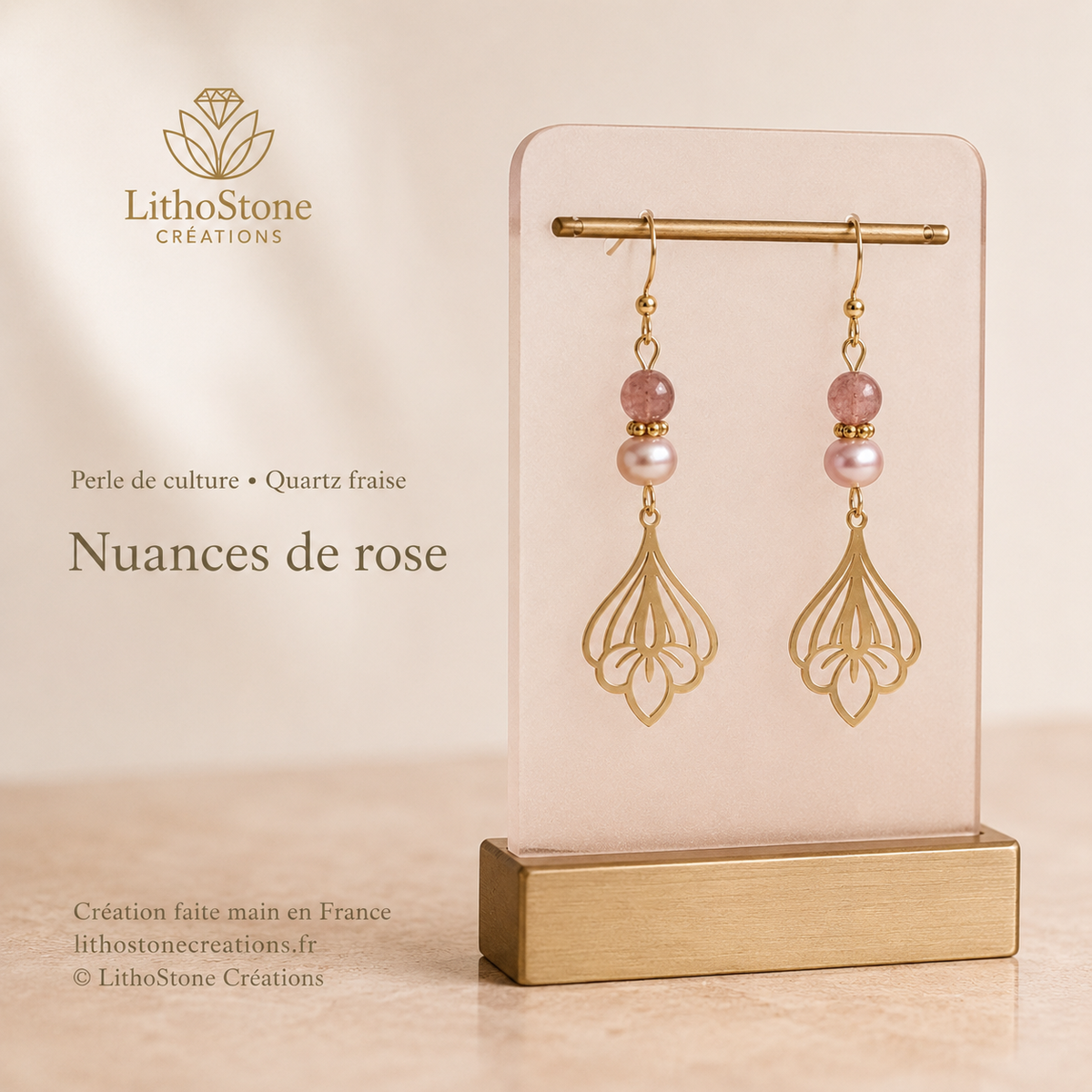 Boucles d'oreilles Pendantes Quartz Fraise & Perle de Culture Baroque - Faites Main