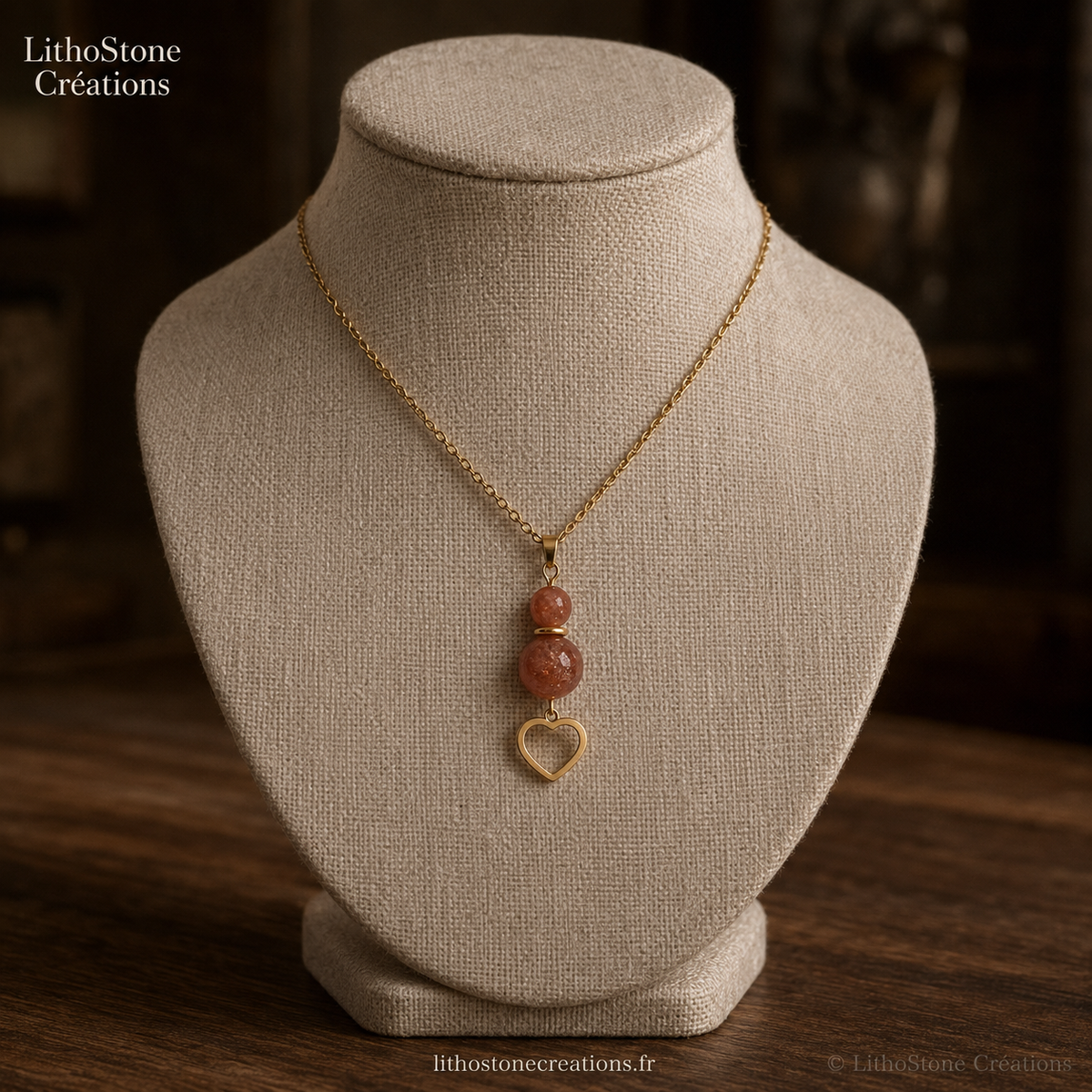 Collier Pierres de Soleil & Cœur Acier - Lithostone