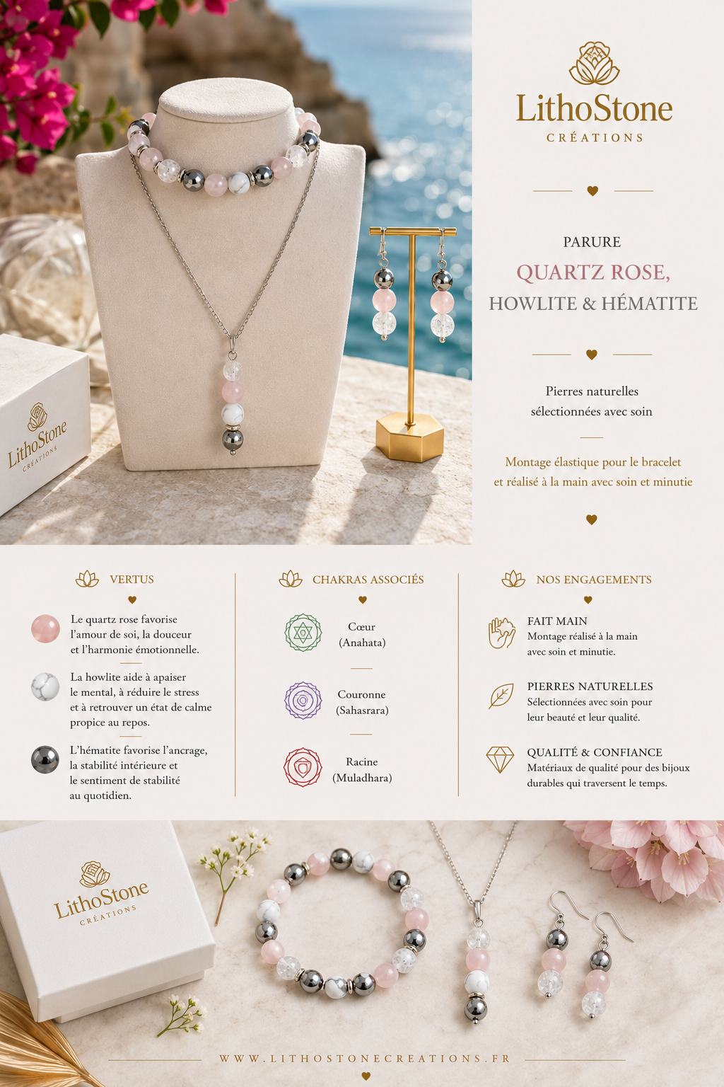 Parure 3 Pièces Quartz Rose, Howlite & Hématite | Lithostone Creations