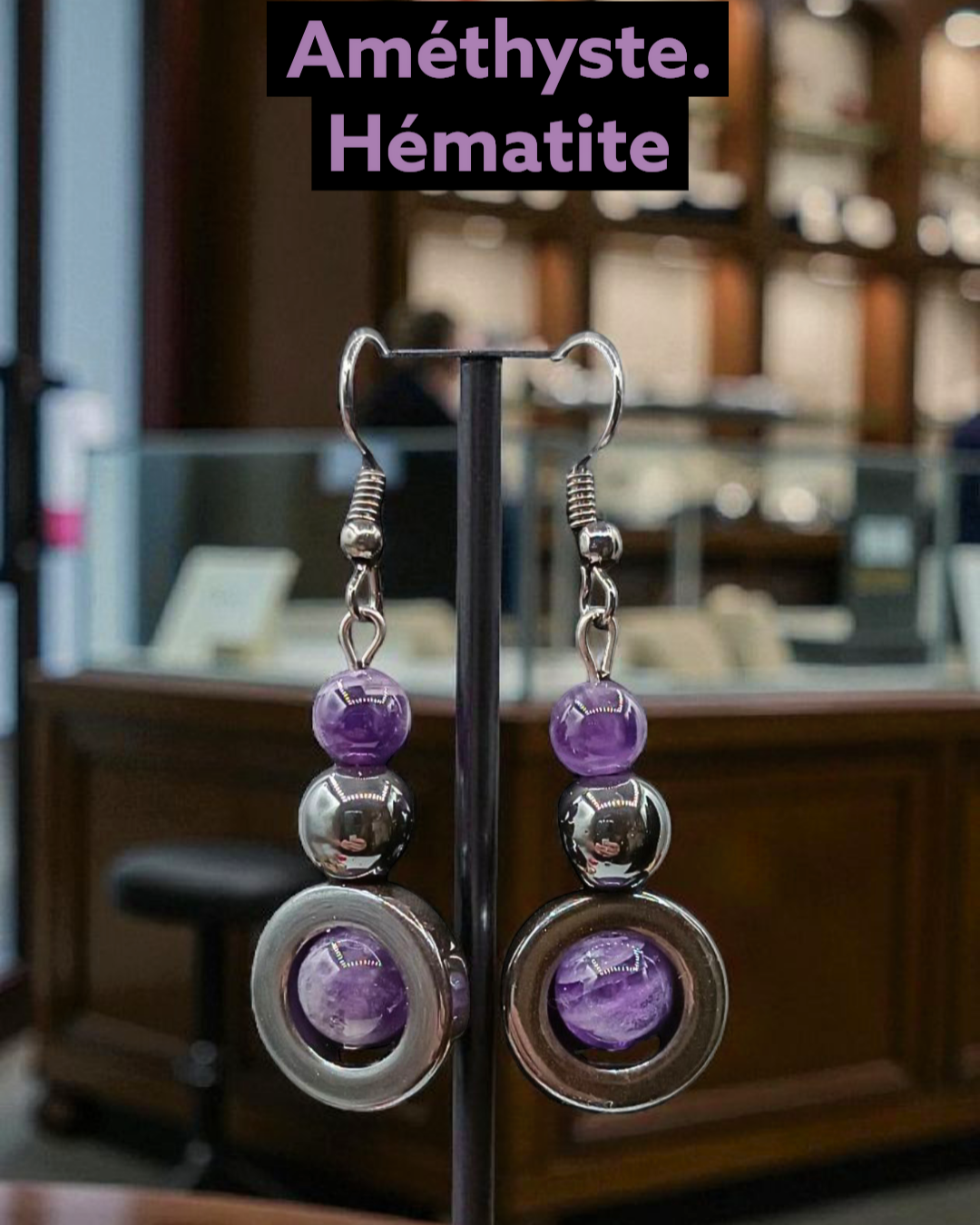 Boucles d’Oreilles Améthyste & Hématite – Harmonie et Protection