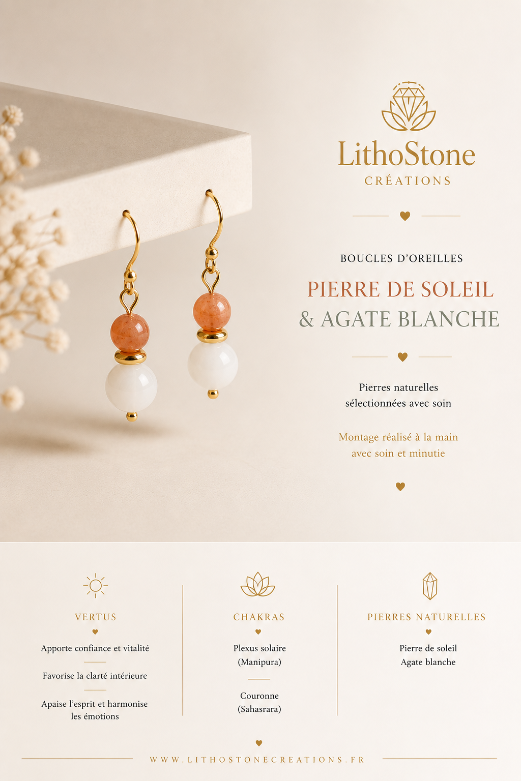 Boucles d’oreilles Pierre de Soleil & Agate Blanche – Acier inoxydable doré
