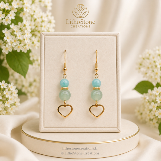 Boucles d’oreilles en Aventurine & Amazonite – Cœur doré & Harmonie intérieure