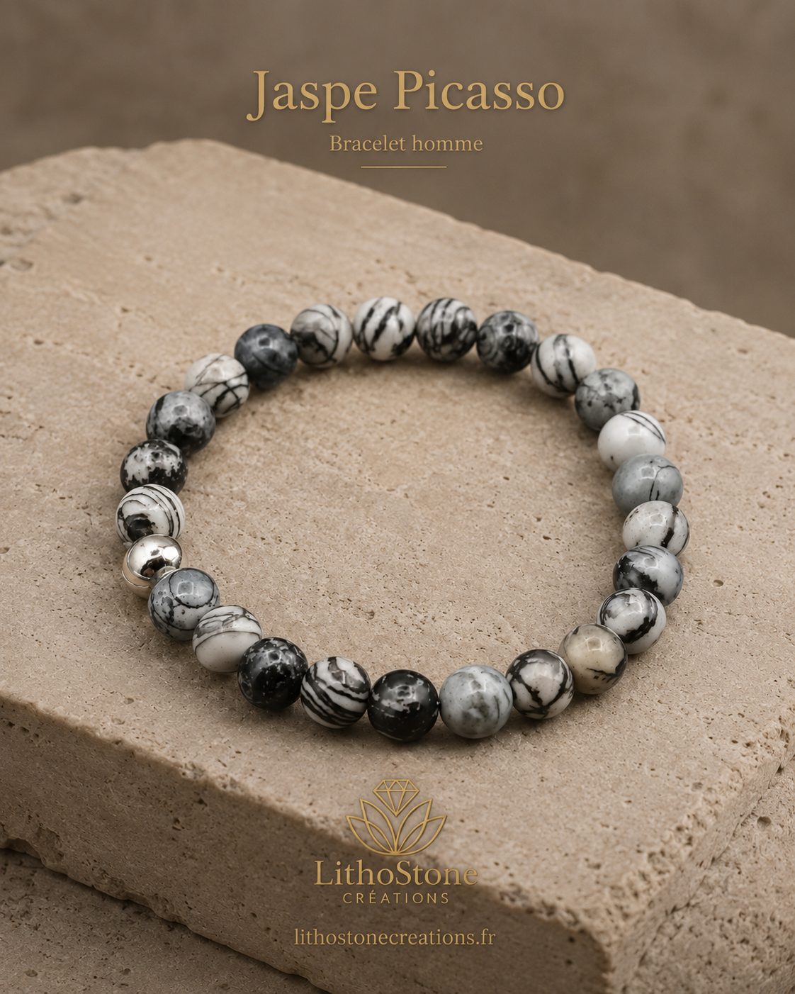 Bracelet Homme Jaspe Picasso – Stabilité & Créativité - Pierre Naturelle Fait Main