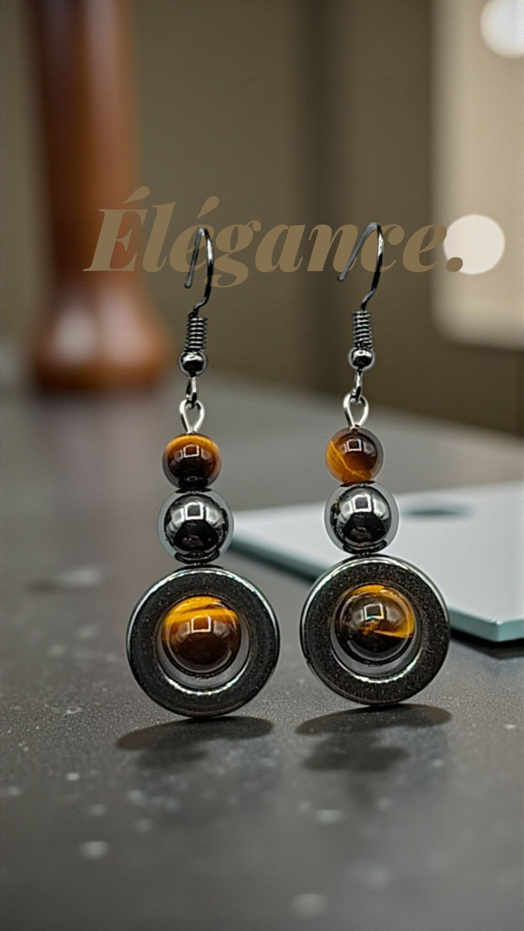 Boucles d’oreilles Œil de Tigre & Hématite – Énergie & Protection